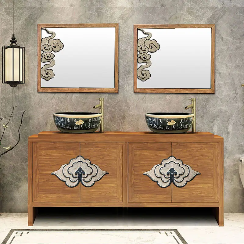 

Oak solid wood double basin bathroom cabinet combination, floor-to-ceiling light luxury bathroom washstand, washbasin cabinet