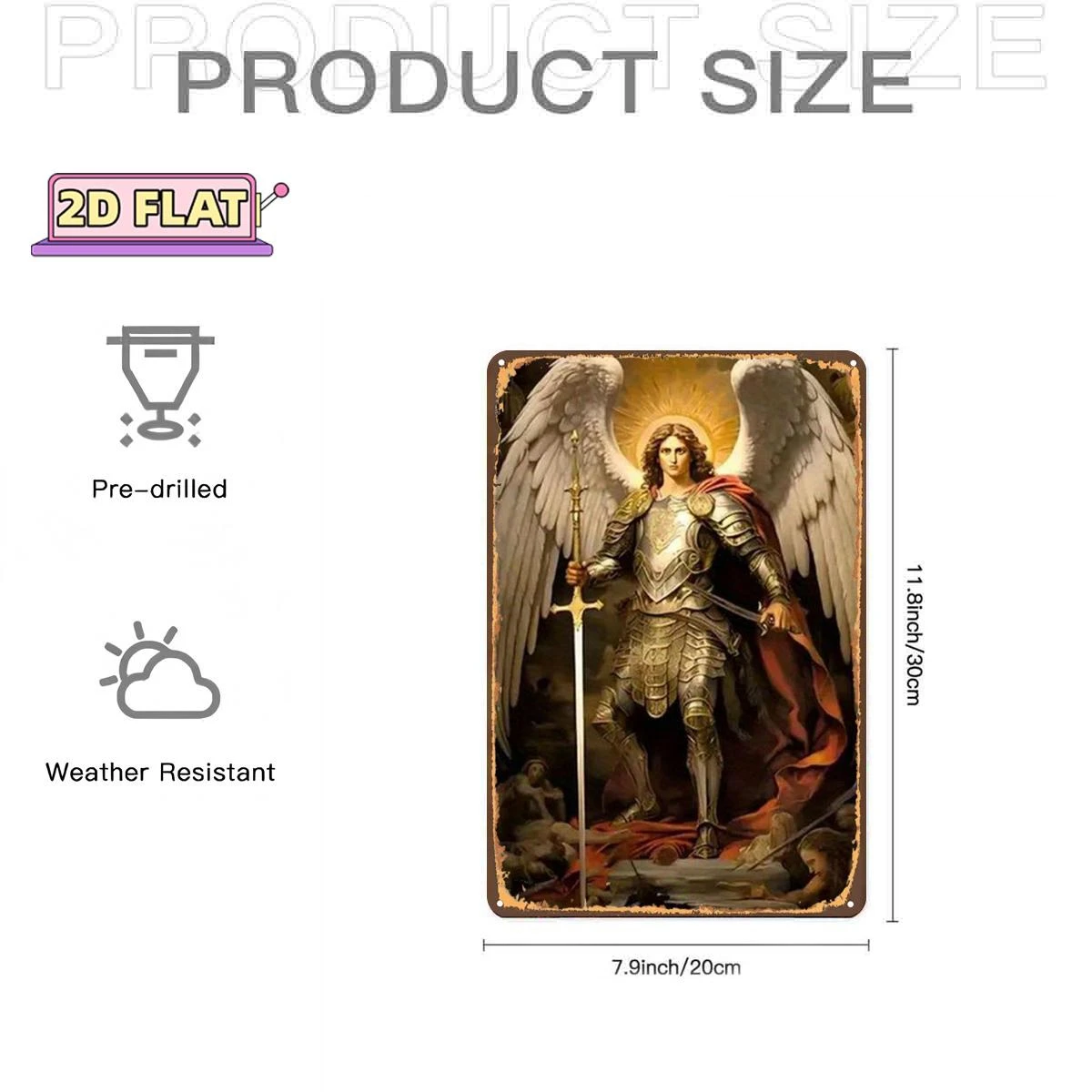 2D Flat 1pc, Archangel Michael in Armor, Holding a Sword And Shield, Metal Lron Sign, Size(8