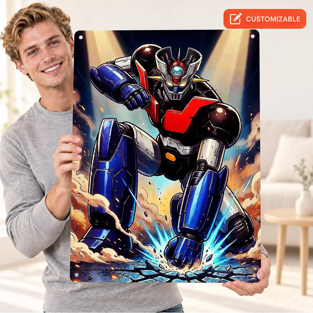 Mazinger Z Crushing Ground Textured Metal Poster Personalized Aluminum Sign Japanese Anime Illustration Wall Art For Game Room