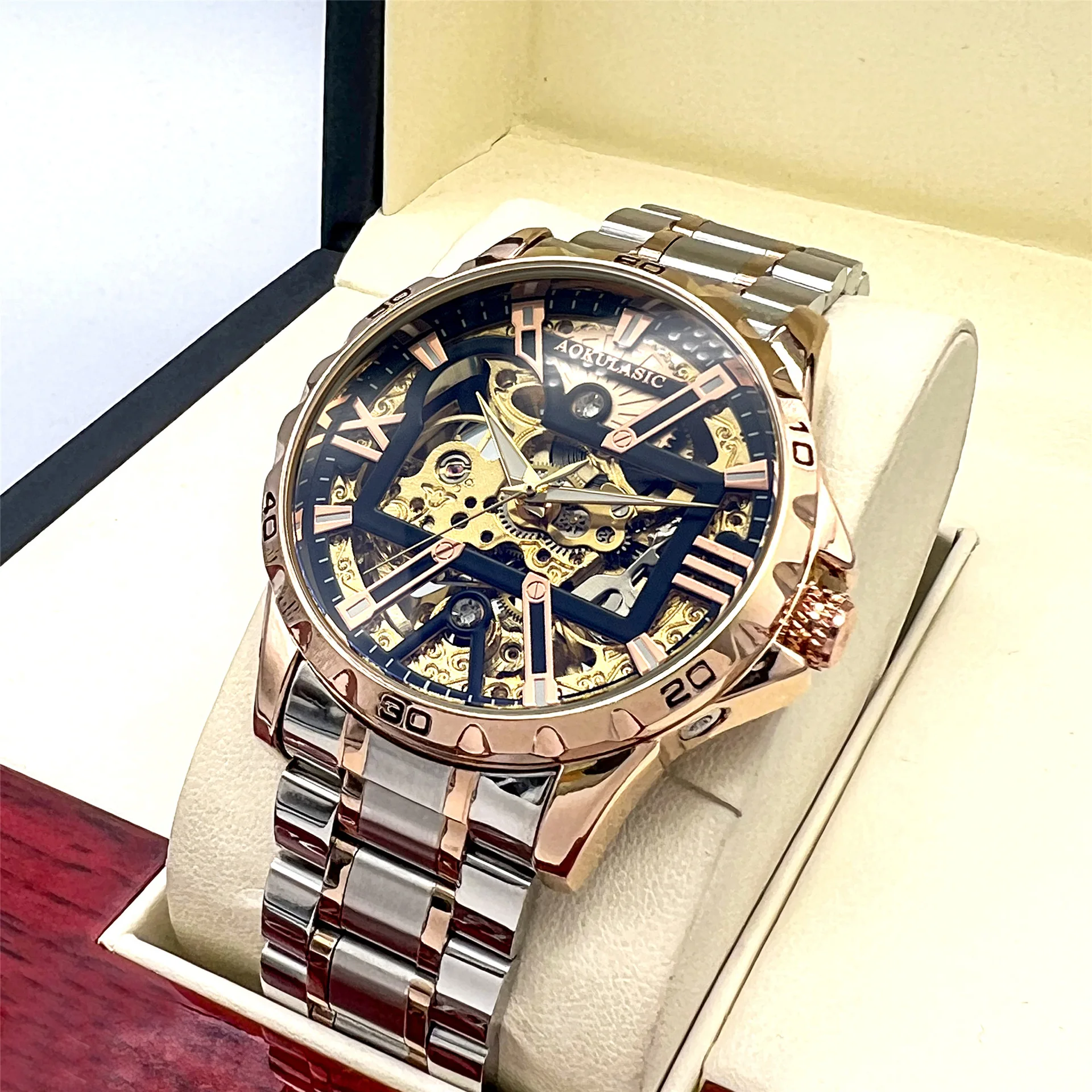 Stainless Steel New Full Skeleton Large Dial Luminous Waterproof Self-Wind Automatic Mechanical Watch for Men