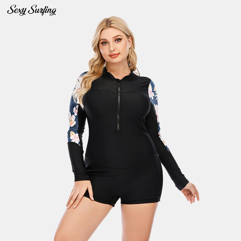 Plus Size Uv Proof Lycra Women's One-piece Long Sleeve Surfing Suit Sunscreen Women's Swimsuit Sexy Flat Angle Diving Suit Large