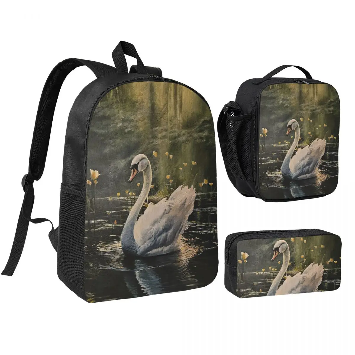 Elegant White Swan Gliding On Water Backpack Student BookBag School Bag Shoulder Bags 3ps Insulated Lunch Bag Pencil Case