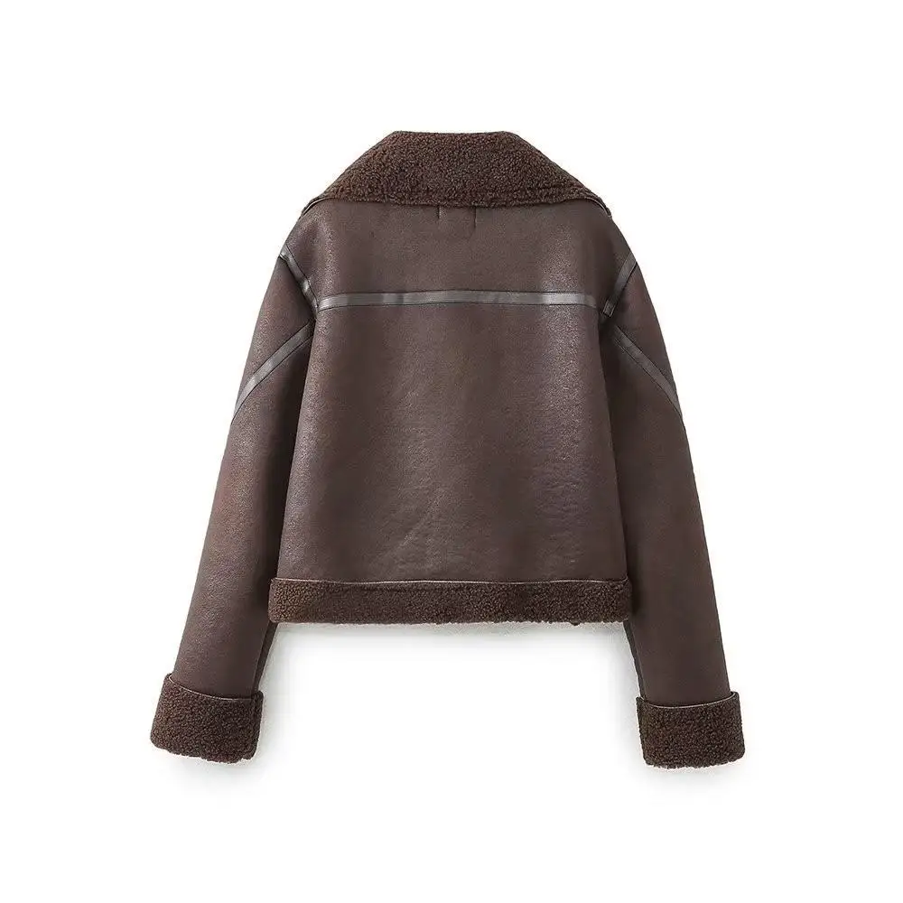 Kaffeefarbener Kragen für Damen, Reißverschluss, pelzbeschichtet, Jaet ort Oberbekleidung, Cleanfit Sle PU-Material, 3D-Effekt für mittleres Alter...