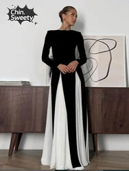 Black White Contrast Patchwork Mesh A-line Dress Women O Neck Long Sleeve Skinny Robes Female Elegant Party Club Evening Gown