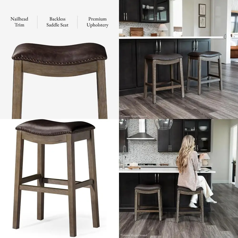 

Барный стул из коричневого дерева с бежевым кожаным сиденьем и подставкой для ног — идеально подходит для высоких кухонных стоек и паб-столов