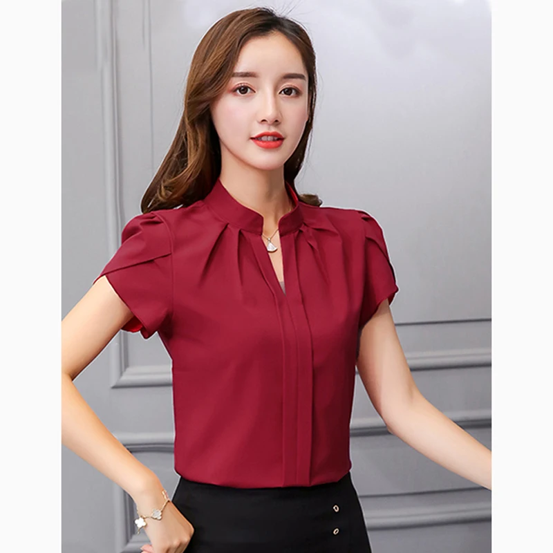 

Women Chiffon Shirt Korean Elegant Slim Folds Short Sleeve Women Blouse New Casual Office Stand Collar All Match Ladies Tops