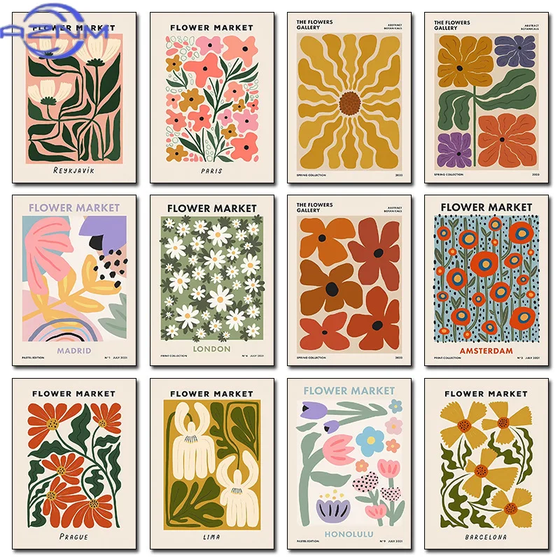 Colorful Retro Flower Market Amsterdam Abstract Poster Boho Flower Shop Sign Prints Canvas Painting Wall Picture Home Room Decor