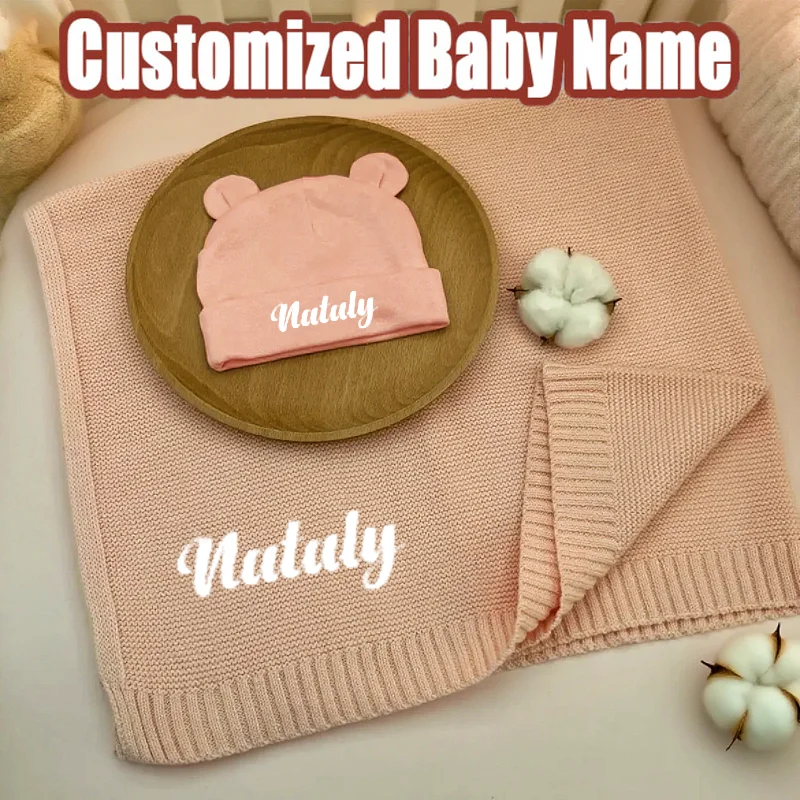 

Personalized Newborn Baby Name Blanket Set Cotton Beanie And Knitted Blanket with Embroidered Name Cute Hat Baby Shower Gift