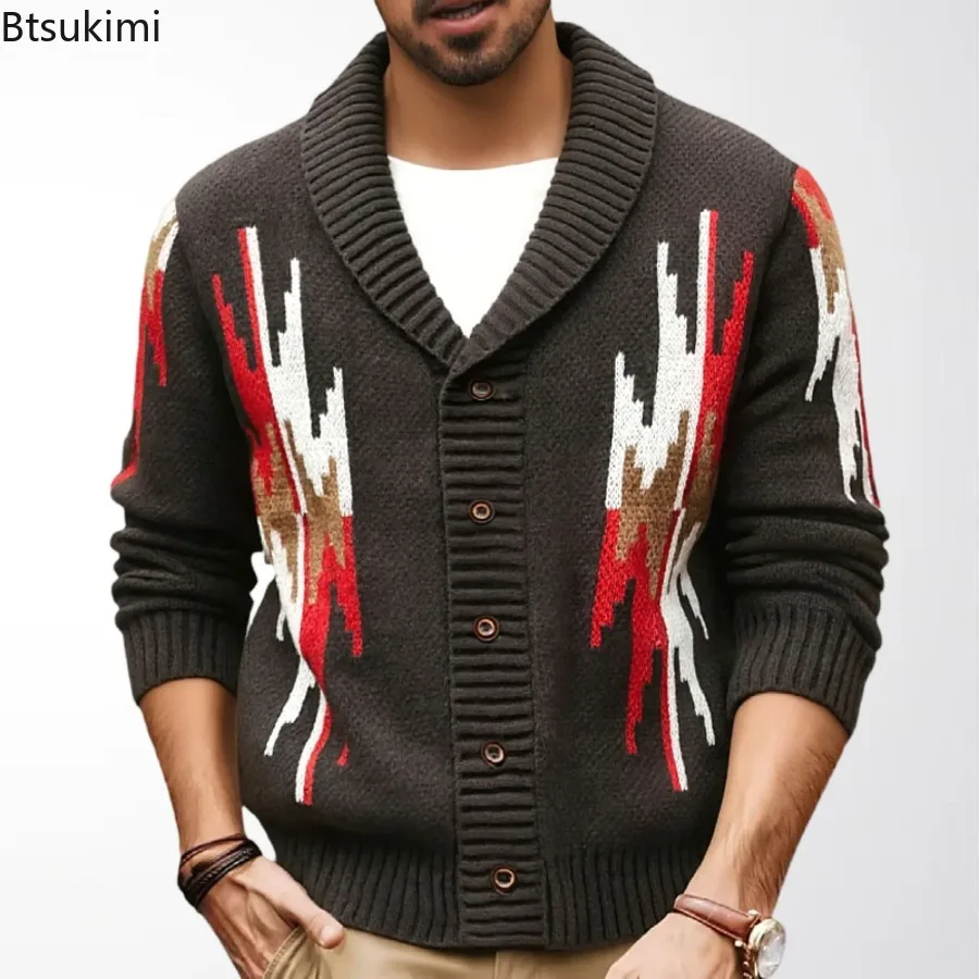 

Vintage Jacquard Men's Long Sleeve Knitted Sweaters New Autumn Winter Lapel Collar Cardigan Jacket Man Casual Warm Sweater Coats