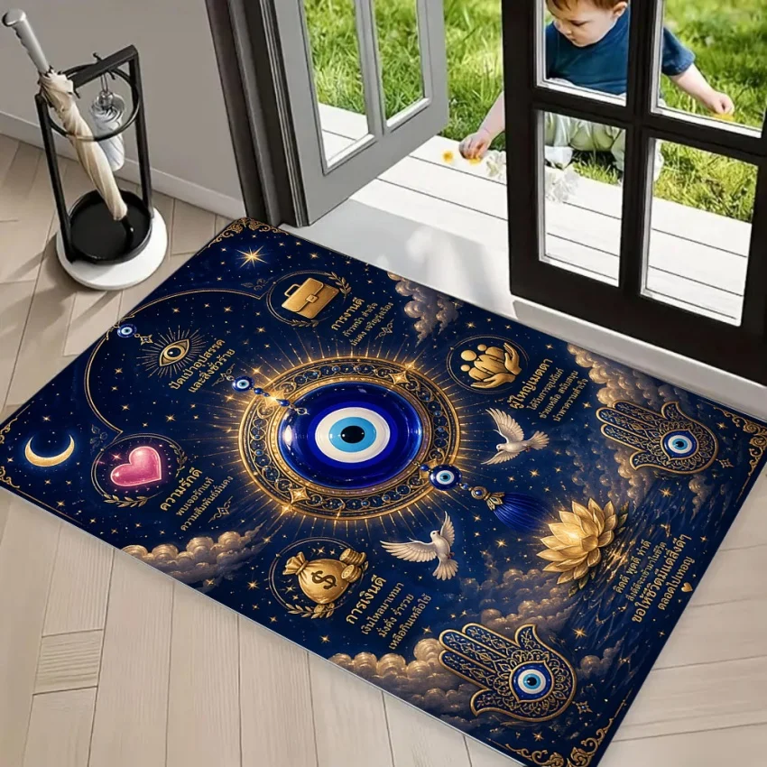 Evil Eye Hamsa Hand Lucky Area Rug Carpet, Non Slip Floor Mat Washable Welcome Rug for Front Door Entryway Blessing Home Decor