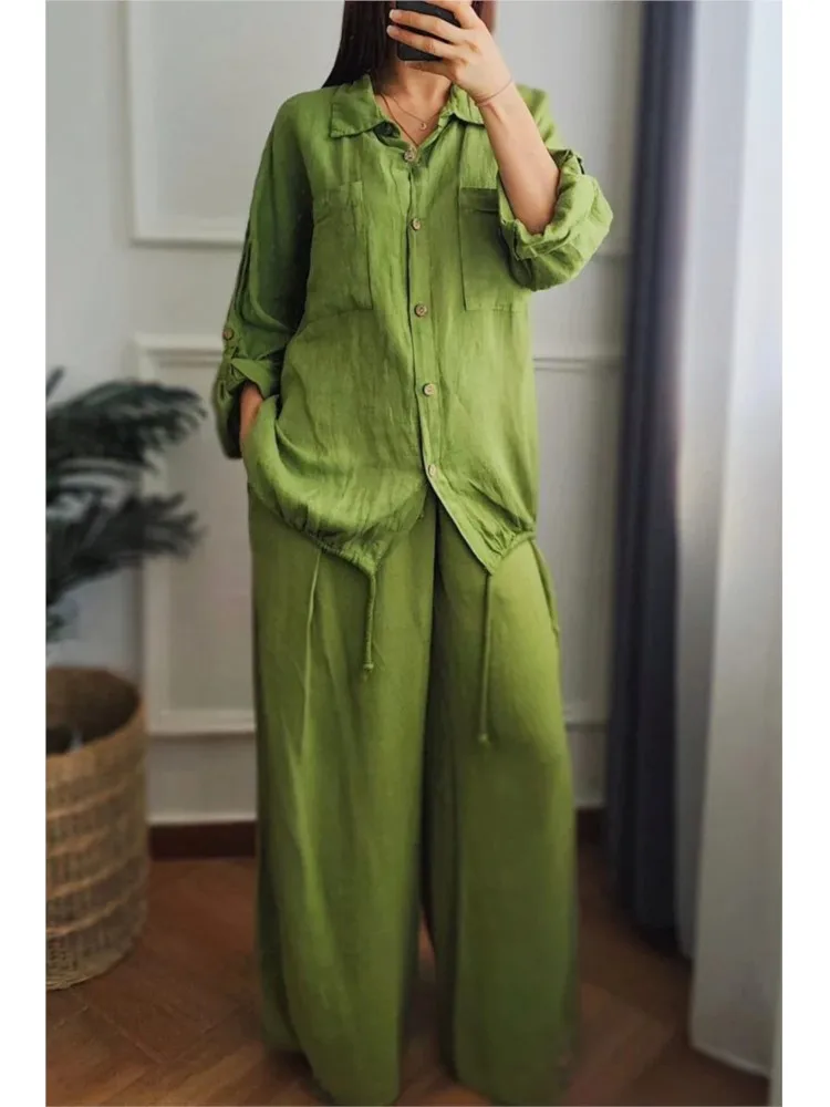 Autumn Fashion Cotton Hemp Two Piece Sets Women Lapel Neck Long Sleeve Drawstring Shirt Wide Leg Long Pants Casual Two Piece Set