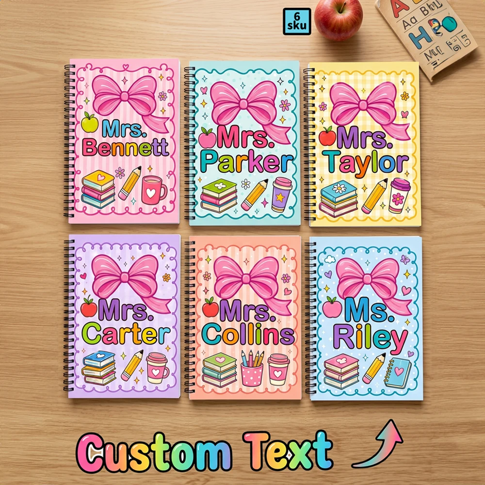 Personalized Custom Text Spiral Notebook,Custom Name Notebook,Cute Bow School Pattern Journal,Teacher Appreciation Souvenir Gift