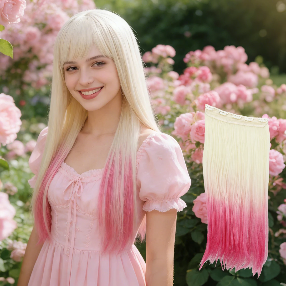 Light Golden to Rose Red and Navy ,Long Straight with Air Bangs,Sweet&Energetic Style for Daily Use,Synthetic Wigs.