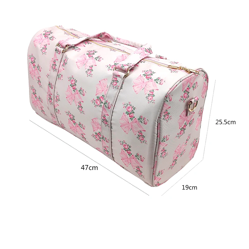 2024 Fashion Nylon Waterproof Flower Bow Printed Ladies Travel Duffle Bag Shoulder Bag Travel Gym Duffle Handbags