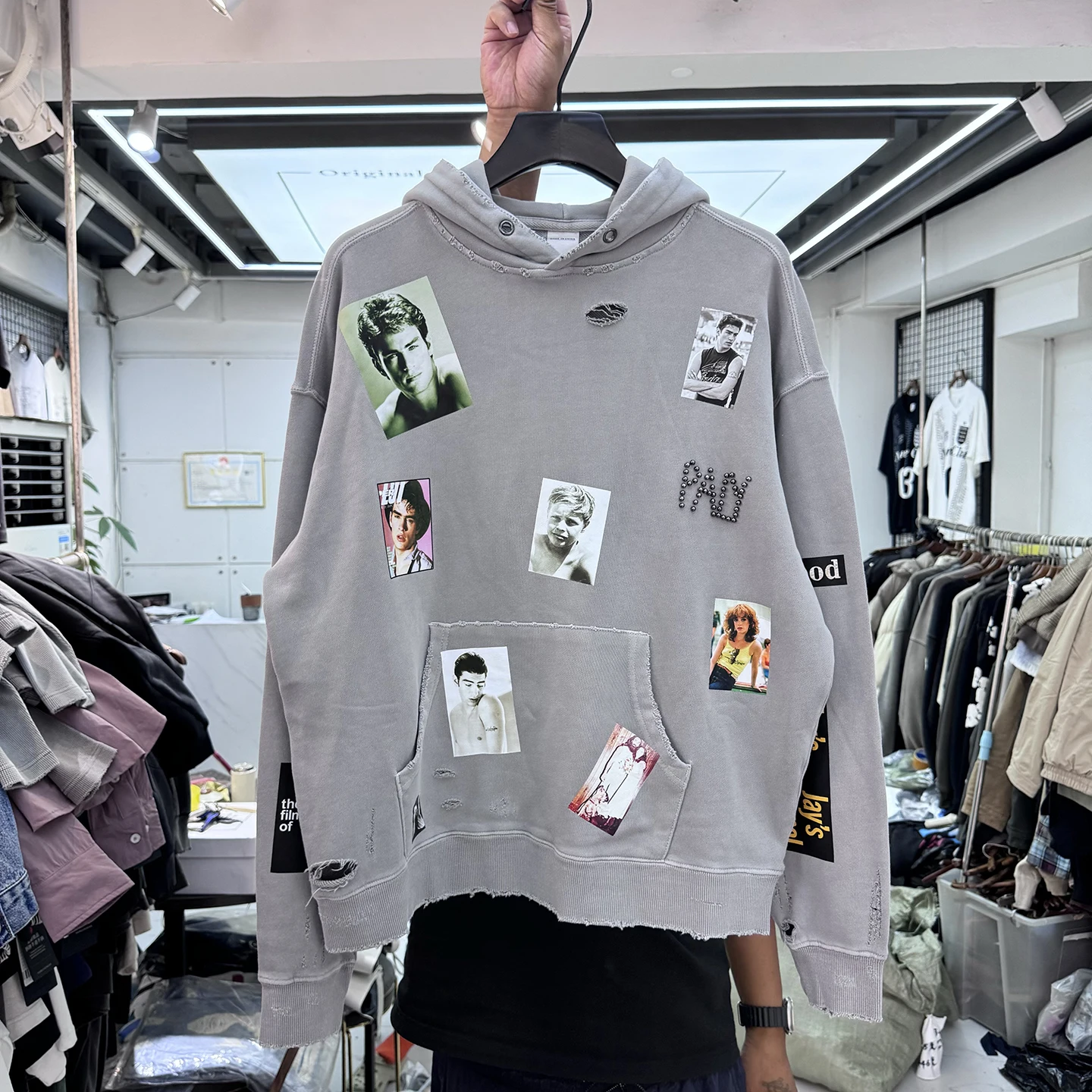 Retro American Washed Hole Pearl Craft Jacket Autumn Winter High Definition Portrait Print Loose Hoodie Sweatshirt for Men An...
