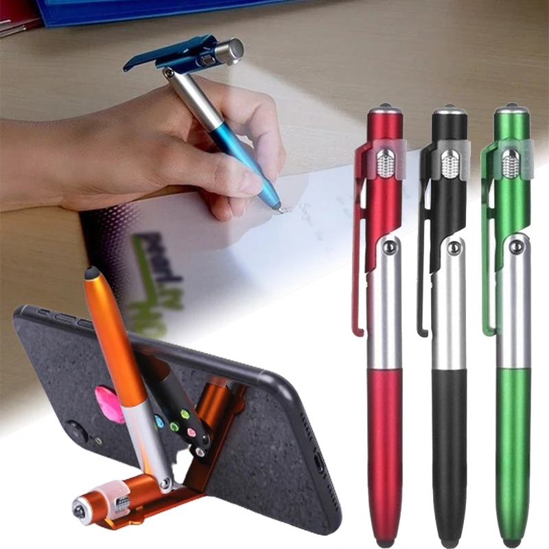 4-in-1 Multi-function Ballpoint Pen Built-in LED Light Foldable Phone Stand Portable Night Reading Writing Pen Practical School