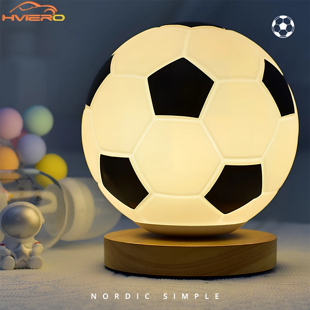 Football Night Light USB Warm White LED Circular Solid Wood Glass Small Table Lamp Bedsid Bedroom Study Decoration Illumination