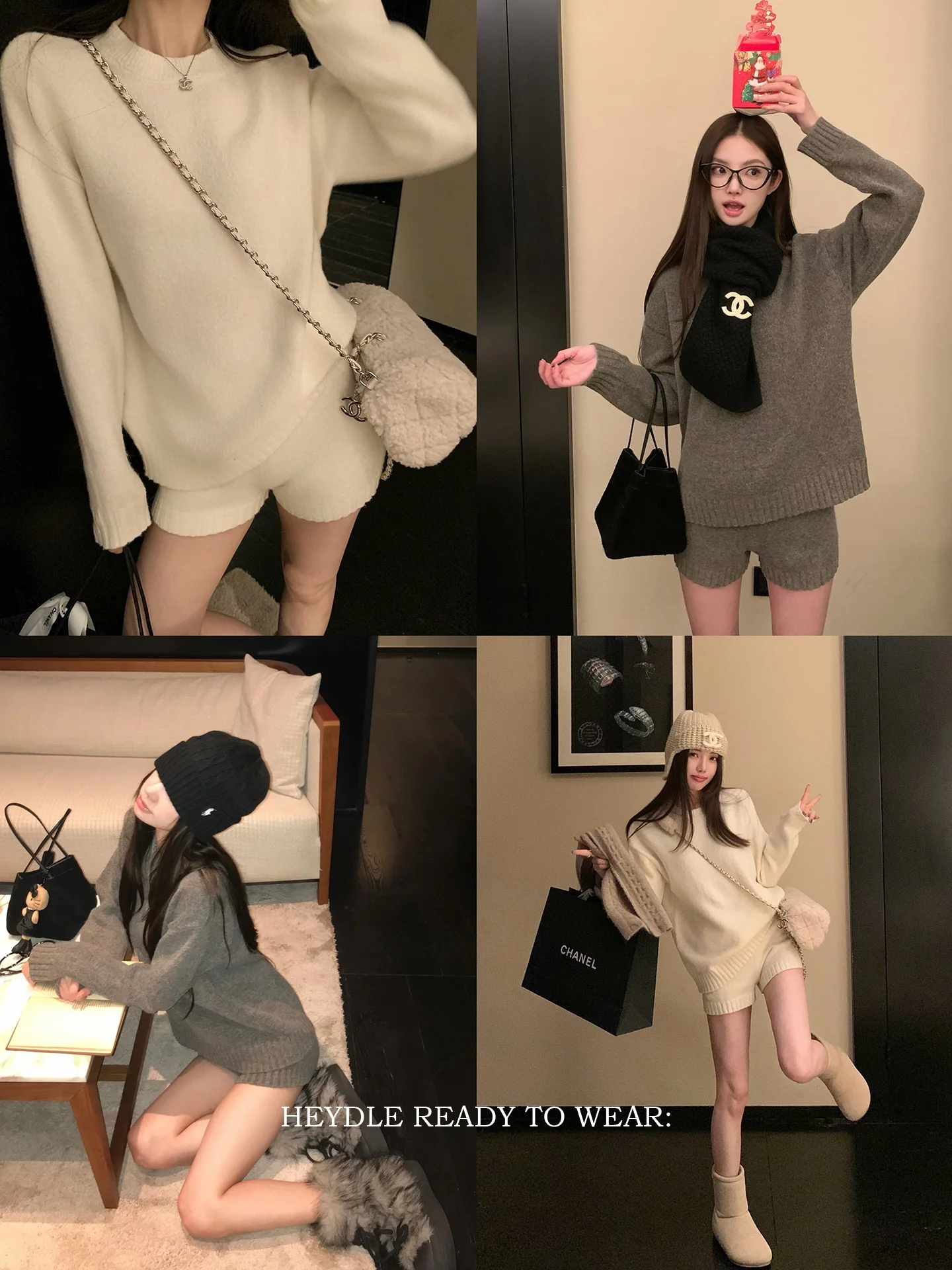 

Black Bean Bonnie White Loose Knitted Sweater High Waist Shorts Lazy Soft Two-Piece Set Women's Fashion Casual Winter Outfit