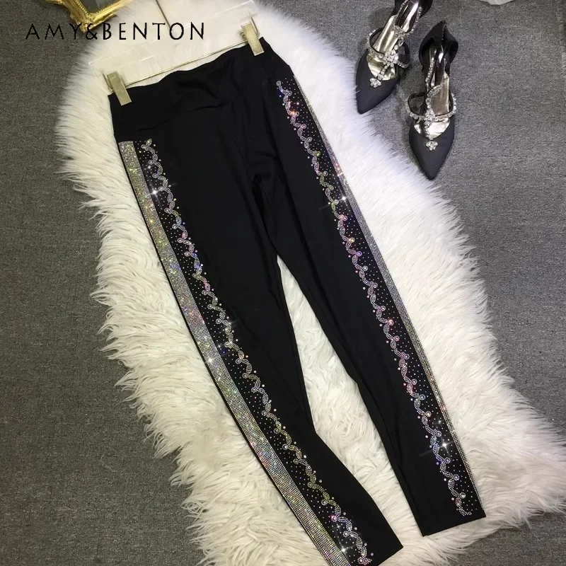 European Style Trousers Heavy Industry Diamond Drills Leggings High Waist Skinny Black Shark Pants Autumn Elastic Leggings Women