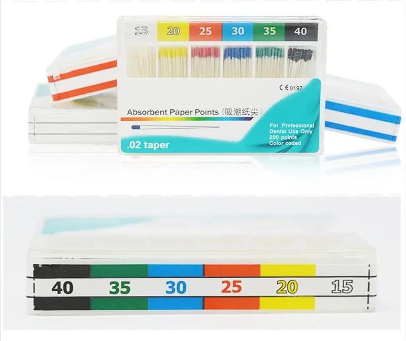 200 개/갑/팩 치과 흡수성 종이 포인트 루트 제거 치열 교정 목화 섬유 팁 종이 팁 치과 의사 제품 혼합 크기 #15-40