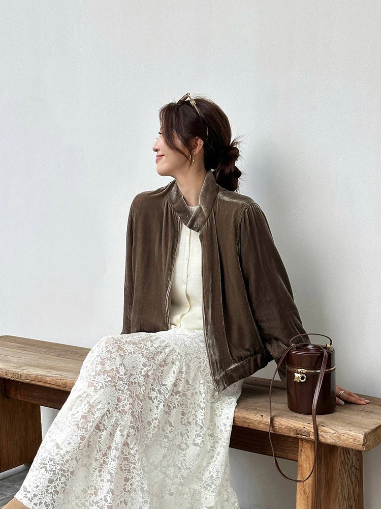 Silk Velvet Jacket Long Sleeve Zipper Closure Stand Collar Commute Style Women's Short Outerwear Youth Winter Fashion
