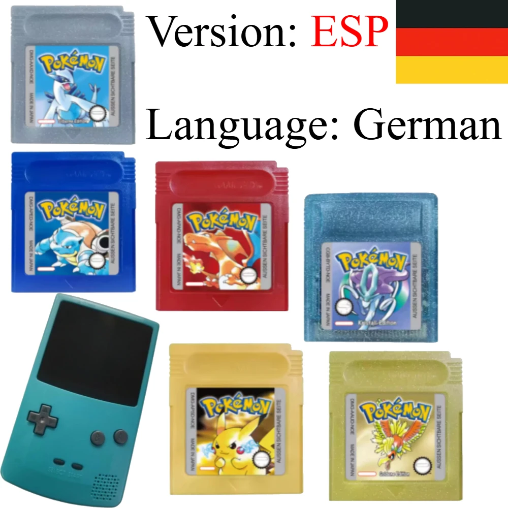 Cartucho de Juego Pokémon GBC Alemán NOE 7 Estilos Clásico Oro Plata Cristal Rojo Azul Verde Amarillo para Colección de Colores Regalo