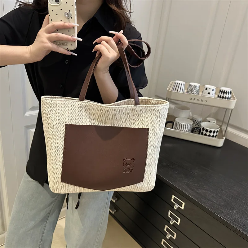 

2025 Vintage Woven Tote Bag Boho Straw Shoulder Bag Spacious Beach Bag Stylish Shopping Tote for Vacation
