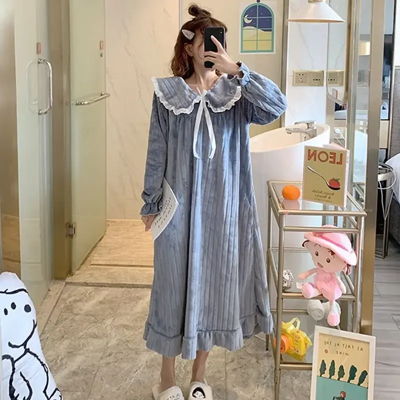 Fleece Women Nightgown Korean Ruffles Sleepwear Winter Night Dress Knee Length One Piece Pajamas Peter Pan Collar Warm Home Wear