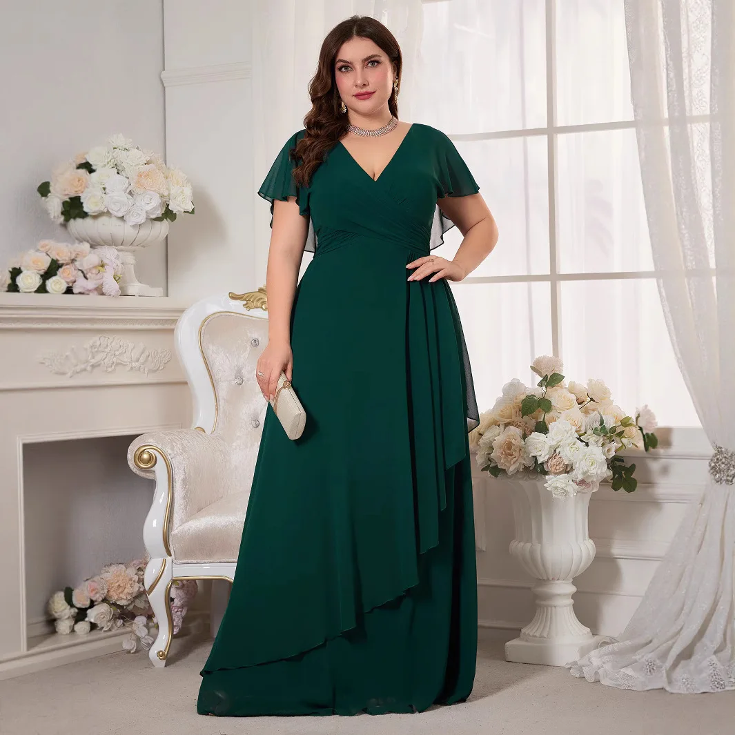 Plus Size Pure Color V-Ne Lantern Sve Asymmetrischer Saum Chiffon Dr. Sommer Hohe Taille Thiened Summer 2025