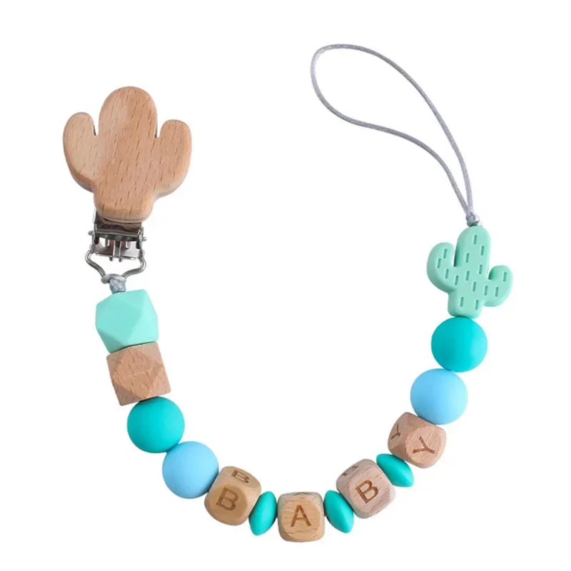 Chupete de Cactus con nombre personalizado hecho a mano, cadenas con Clips, cuentas de silicona, Chupetero infantil personalizado, regalo personalizado para la dentición