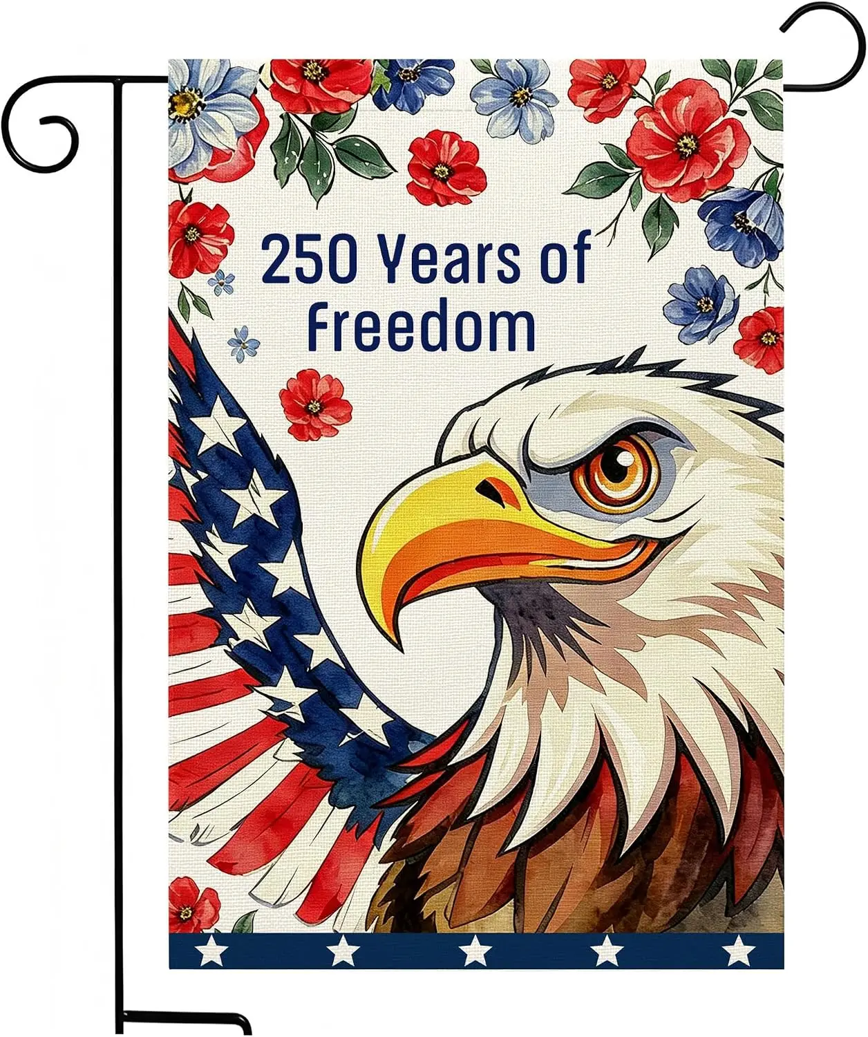 250 Years of Freedom Bald Eagle Garden Flag, Floral Eagle Patriotic Yard Flag, Watercolor Red Blue Flower Outdoor Burlap Dec llp