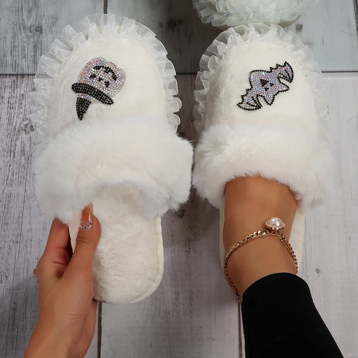 All Saints' Day Flat Fluffy Fur Slippers Women Bling Shine Rivet Covered Toe Furry Slippers Women Flip Flops Slides Floor Shoes