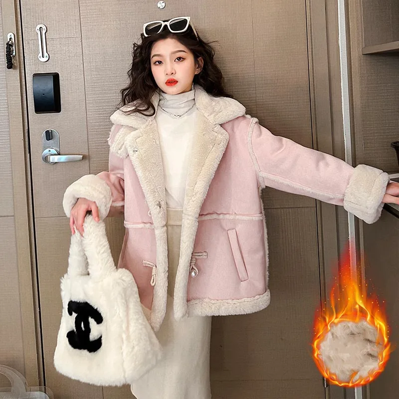 Winter Children Girl Thick Fur Integrated Jacket Junior Girl Contrast High Collar Warm Cotton Coats School Girl Suede Jacket