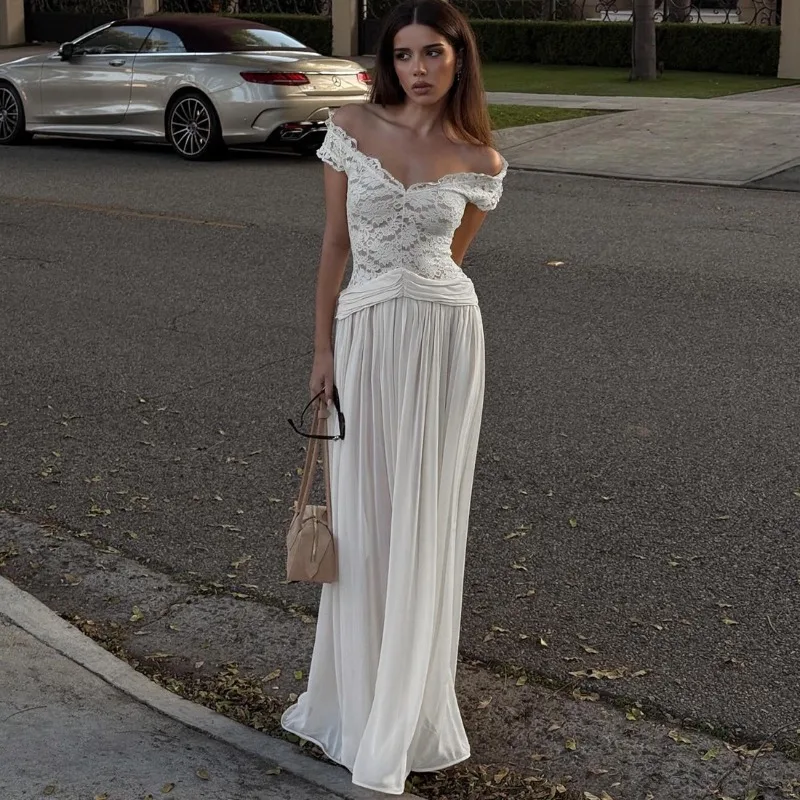 

Talenza White Lace Evening Dresses Women's Sexy See-Through V-Neck Lace Patchwork Ruched Dress Elegant Luxury Female Party Dress