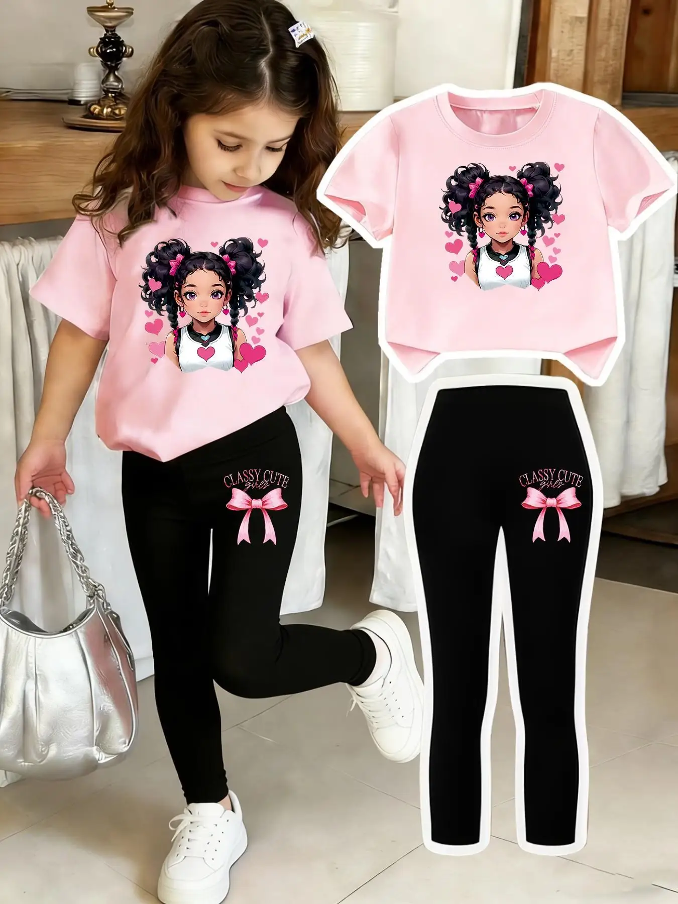 Girls' Short-Sleeve Set: Regular Short-Sleeve Top + Black Leggings Two-Piece Set with Bow Print Pants and Printed Top, Suitable for 4-12 Year Old Children, Casual Wear for Home and Outings