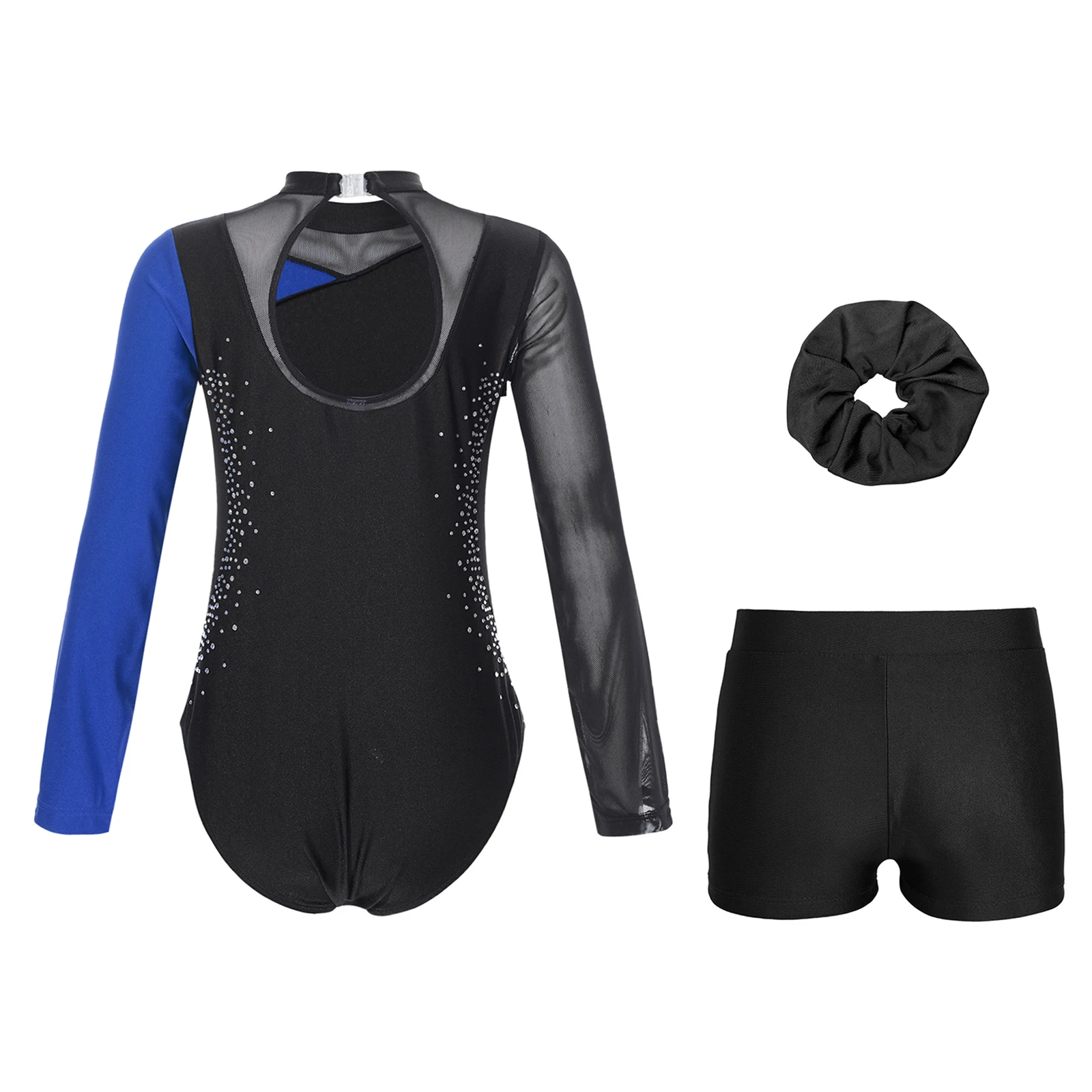 Kids Shiny Rhinestone Rhythmic Gymnastics Bodysuit Children Long Sleeve Leotard+ Shorts Hair Band Girls Figure Skating Jumpsuit