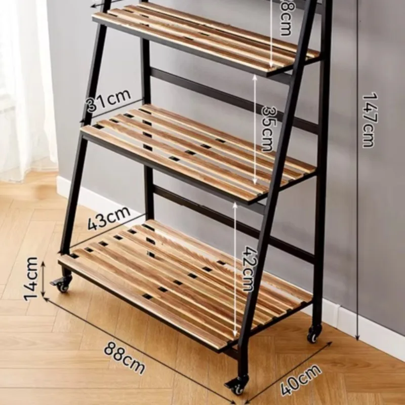 Foldable Mobile Plant Stand, Solid Wood Iron Floor Shelf for Flowers,Indoor Outdoor Rolling Flower Pot Holder Rack, Space Saving view 4