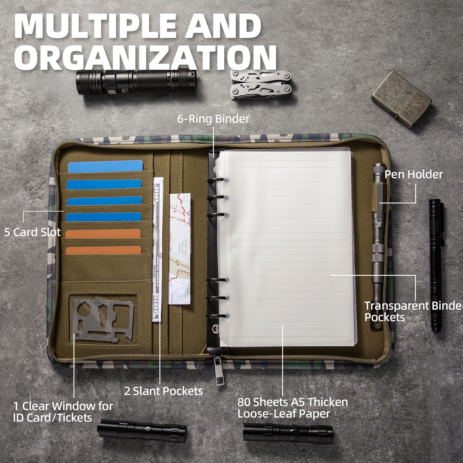 Kosibate Outdoor Padfolio Ring Binder with 80 Sheets of Loose-Leaf Paper Memorandum A5 Weatherproof Tactical Notebook