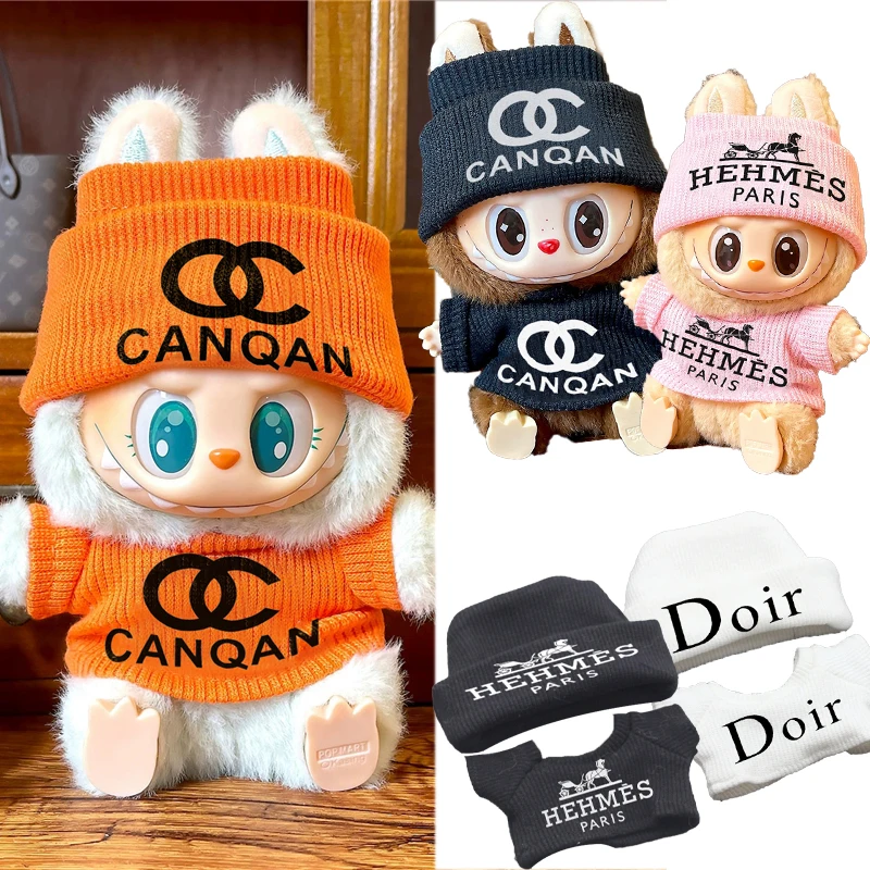 

15 17cm For Labubu Doll Fashion Luxury Letter Knitted Hat T-Shirt Set Clothing Solid Color Sweater Outfit Clothes Accessories
