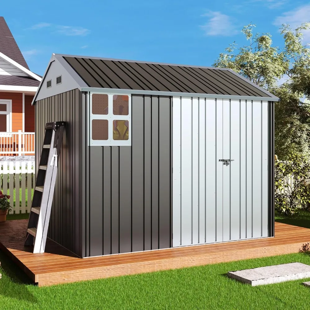 8.5x7.1x7.5 FT Galvanized Steel Outdoor Storage Shed, Lockable Double Hinged Doors and 4 Vents, Metal Shed for Backyard Storage