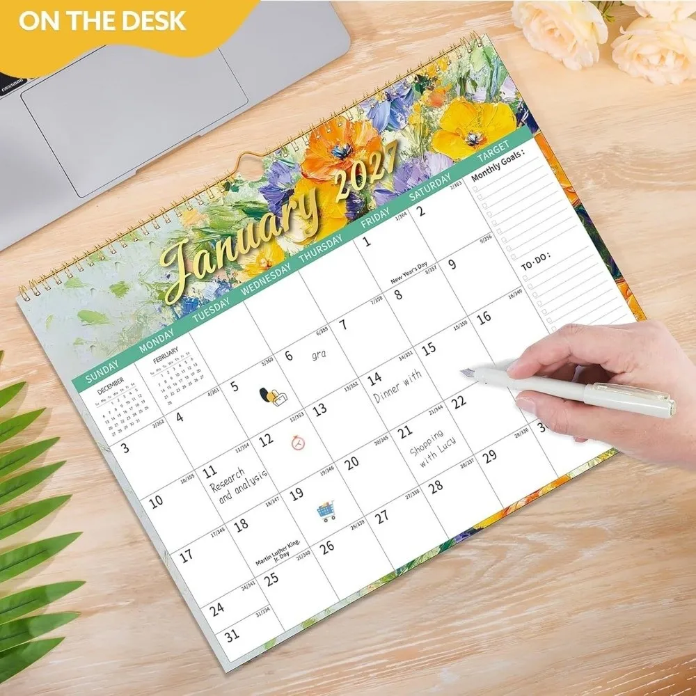 

2026 Jan.- 2027 Jun Wall Calendar Spiral Binding Flower Pattern Monthly Calendar 18 Months Wall Mount Desktop Planner Office Use