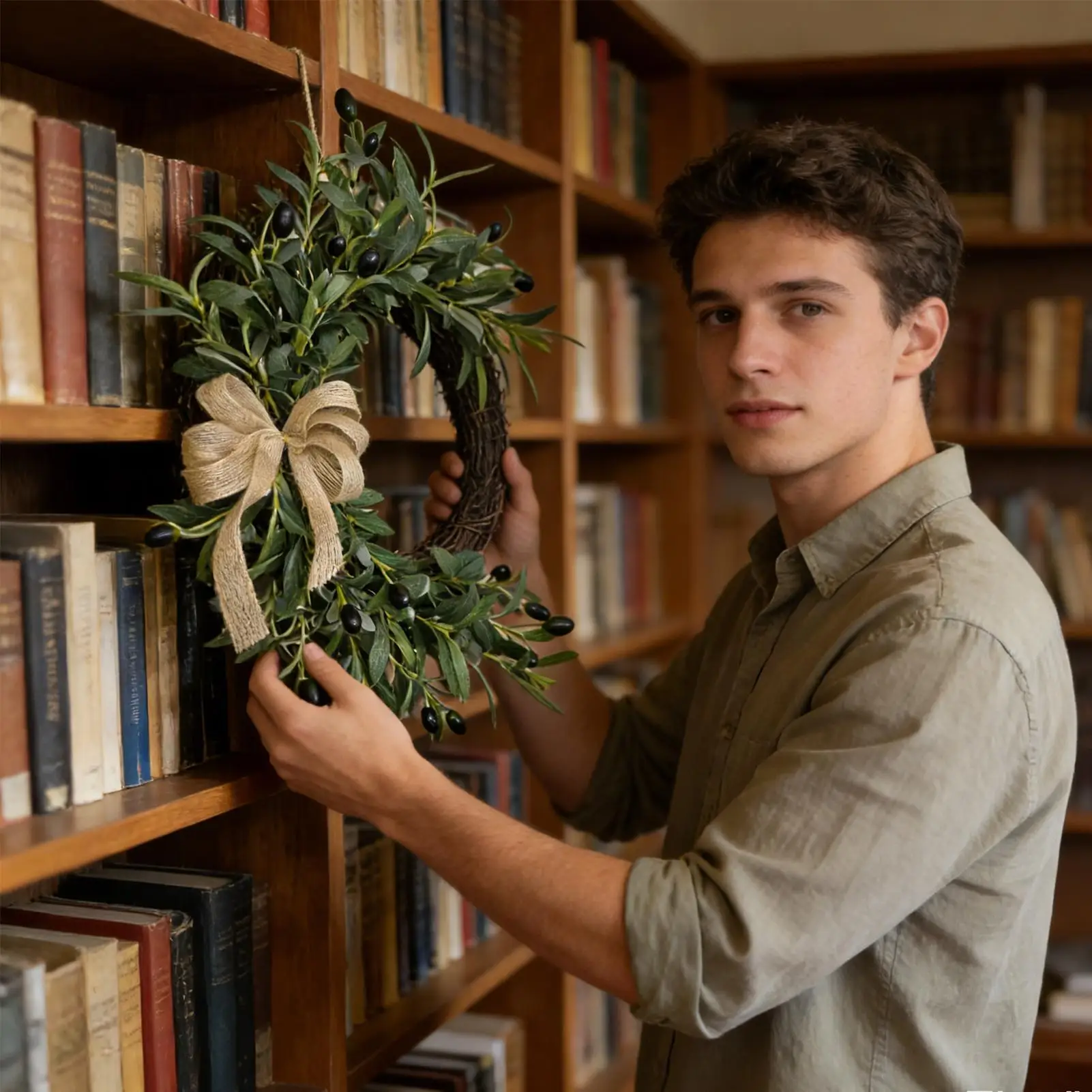 

Венок для входной двери, устойчивый к УФ-излучению, в деревенском стиле, с бантом, для домашнего декора, всесезонный, реалистичные оливковые листья, для интерьера