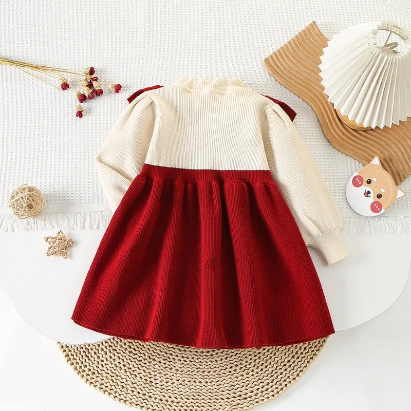 Toddler Girls Big Bow Sweater Dress Autumn Winter Christmas Party Knitted Dress Long Sleeved Cartoon Bear Dress for Girls