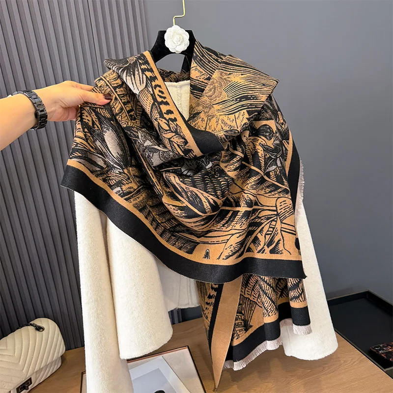 

Faux Cashmere Scarf Women Double Sided Botanical Line Art Forest Print Soft Warm Office Shawl Wrap