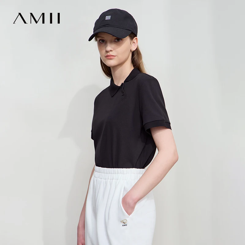 Amii-Camiseta informal minimalista para mujer, POLO recto asimétrico, ajustado, fresco y cómodo, novedad de verano 2025, camisetas deportivas, Tops 12552109