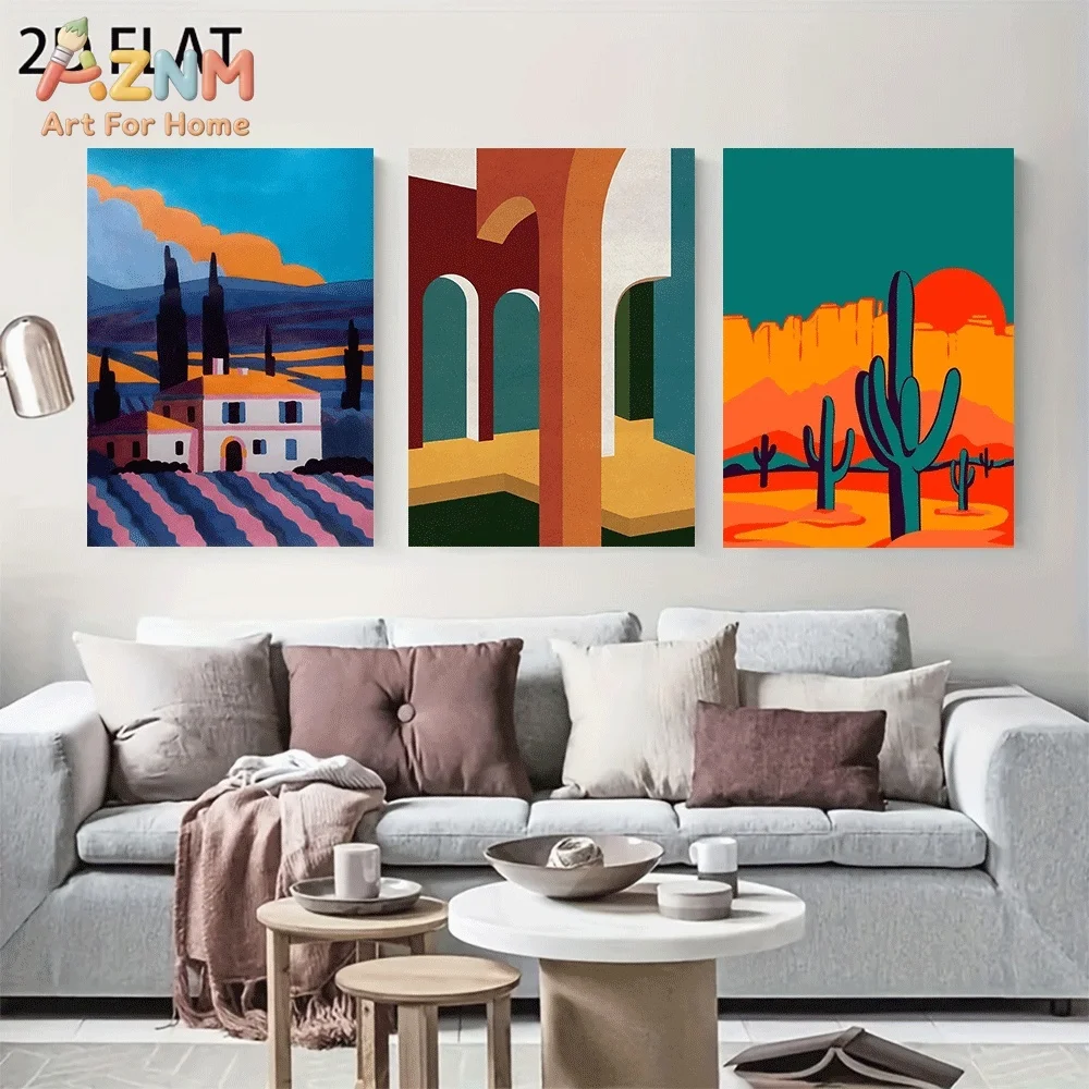Unframed Canvas Wall Art 3pcs Country Villa Arch Building Desert Cactus Sunset Landscape Abstract Poster Print for Home Wall