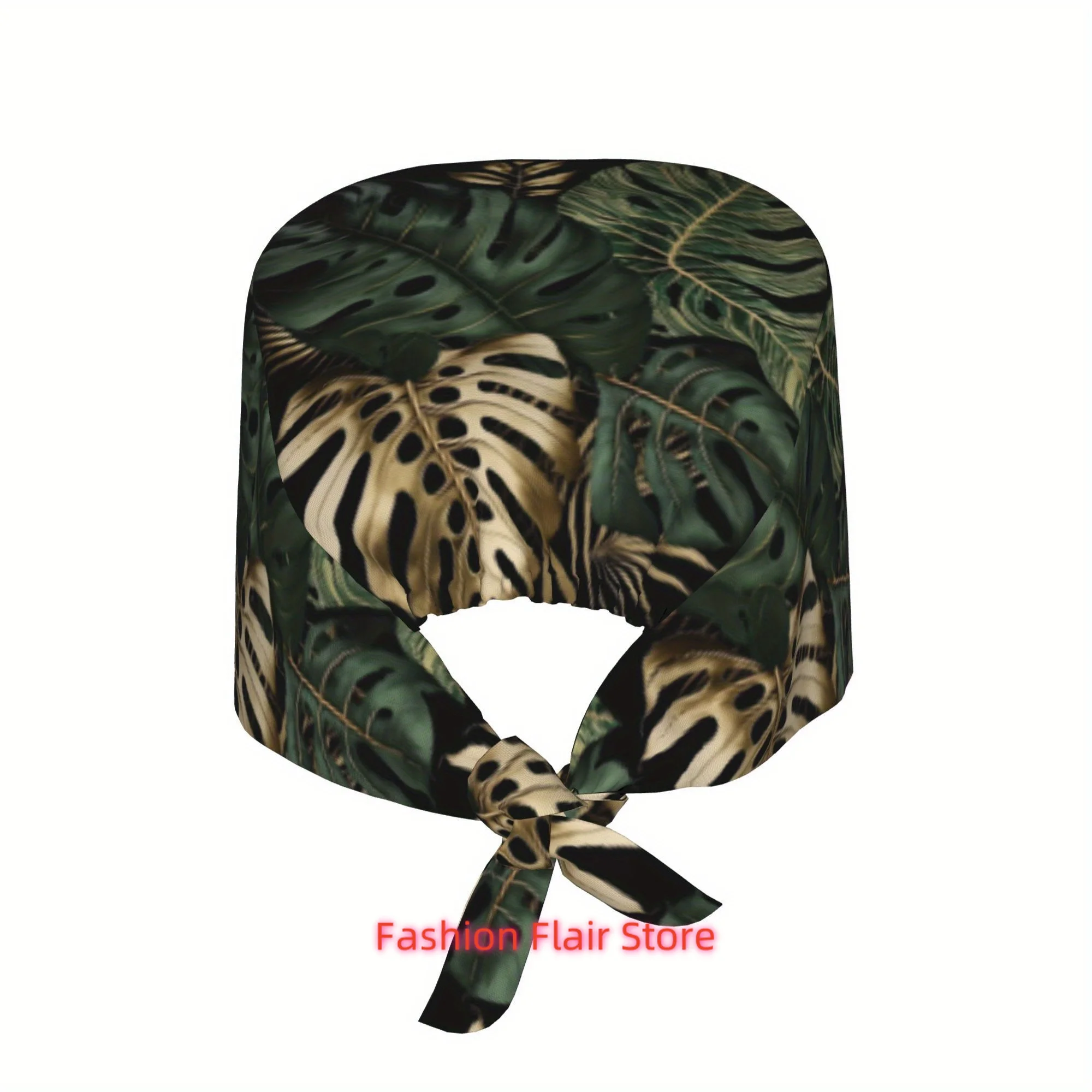 1pc Green and Golden Leaves Unisex Stylish Printed Work Cap - Lightweight Adjustable Skull Cap Tie-Back Nurse Hat, Dustproof Che