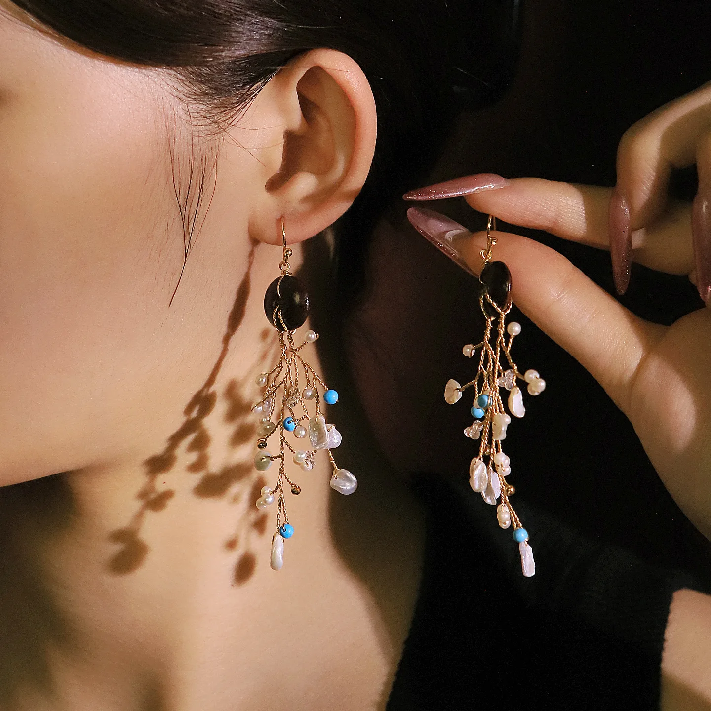 Statement  Long Tassel Drop Dangle Earrings For Women Freshwater Pearl Wrapped Wire Wooden Turquoise Hook Earrings Jewelry Gifts