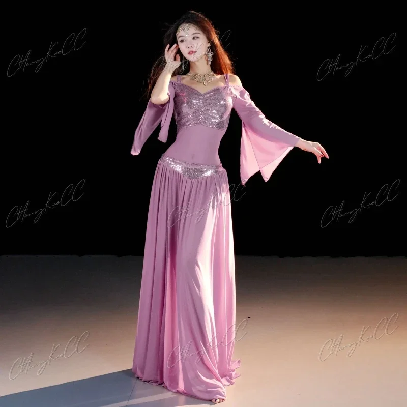 BellyDance Suit Women Oriental Halloween Sequin Long Sleeved Top+sexy Split Long Skirt 2pcs Adult Professional Practice Clothes view 2