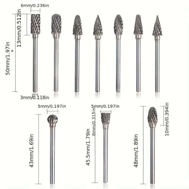 Set ng 10 piraso ng Double Cut Tungsten Carbide Grinding Bits na angkop sa mga Rotary